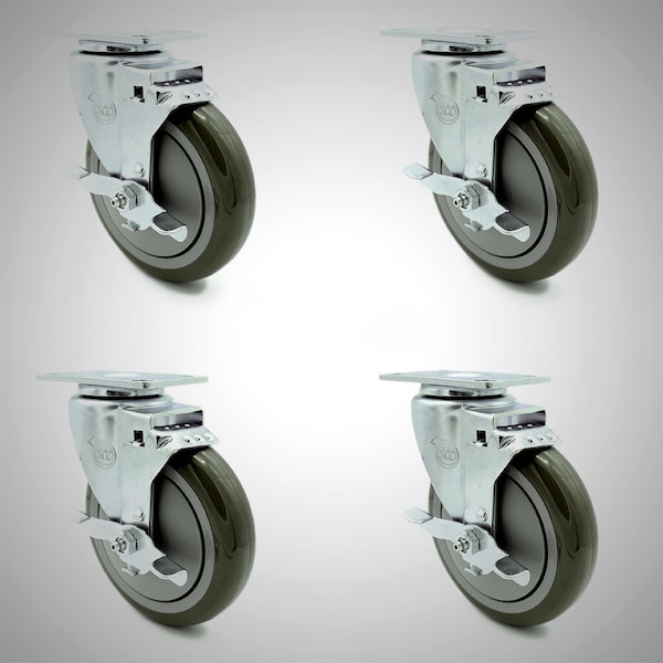 5 Inch SS Gray Polyurethane Swivel Top Plate Caster Set with Brake SCC